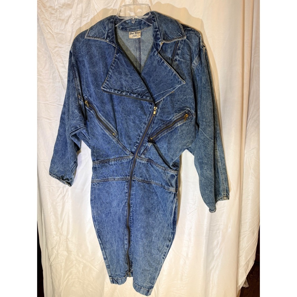 Vintage Joni Blair Acid Wash Denim Moto Dress Sz 7 Blue 80s Zippers Front Cotton